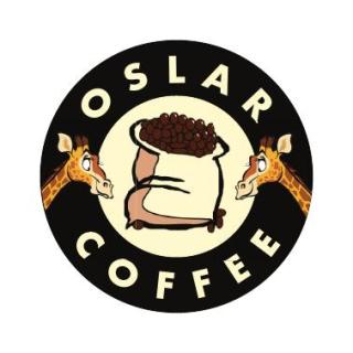 Oslar Coffee logo featuring a central bag of coffee beans with a giraffe at either side.