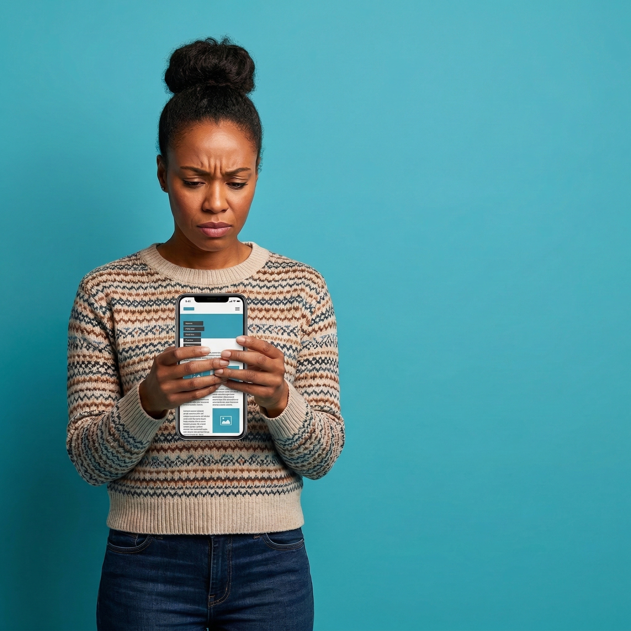 An image of a young woman with her dark hair in a bun against a bright blue background. She is wearing a patterned beige sweater and blue jeans. She has a concerned and confused expression on her face as she looks down at a large smartphone she is holding with both hands. The phone screen displays a webpage with text and images.