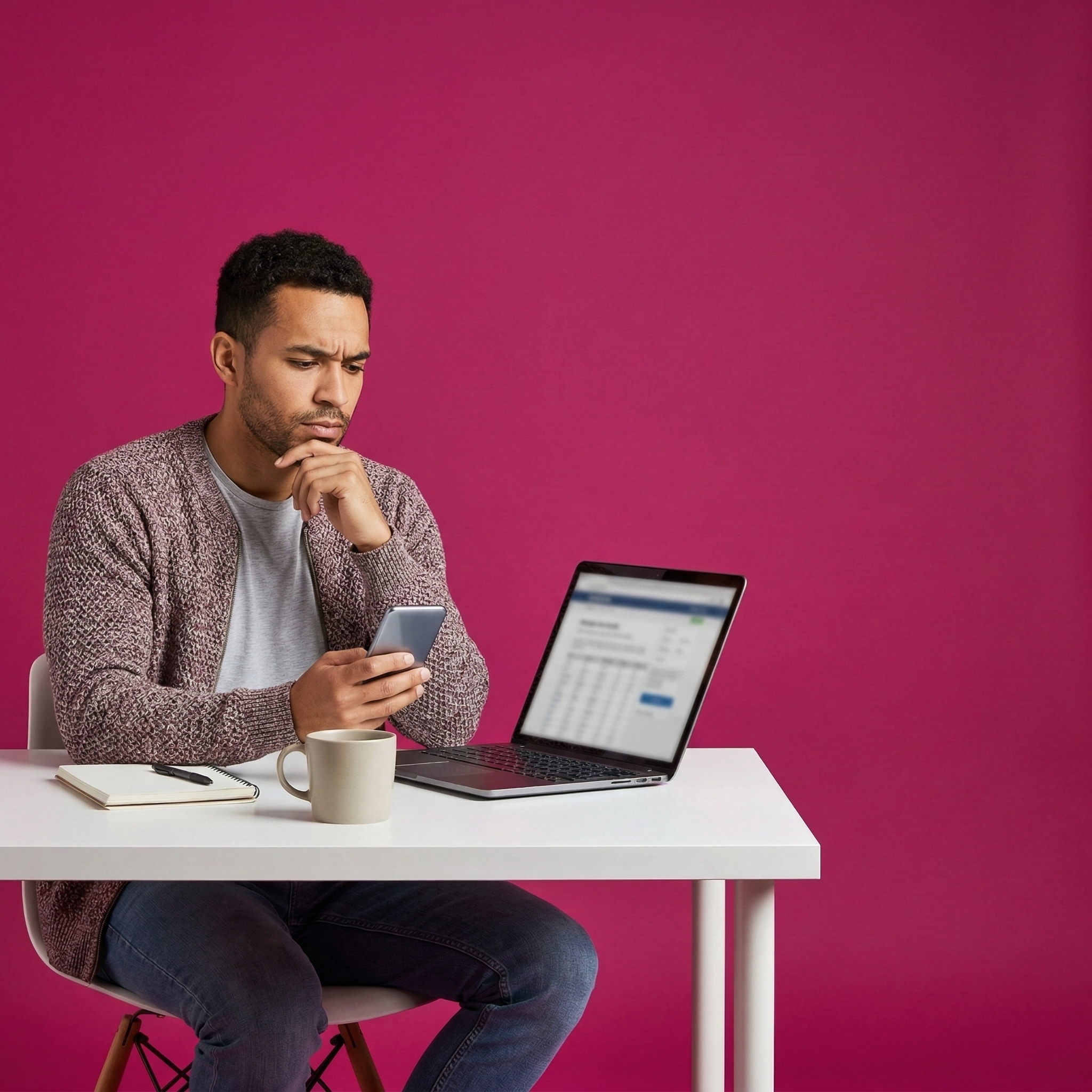 A young man sits at a white desk against a vibrant magenta background, appearing deep in thought. He is wearing a mauve textured cardigan over a grey t-shirt and blue jeans. He holds a smartphone in one hand while resting his other hand on his chin, looking toward an open laptop on the desk. Next to the laptop are a white coffee mug and a spiral notebook with a pen.