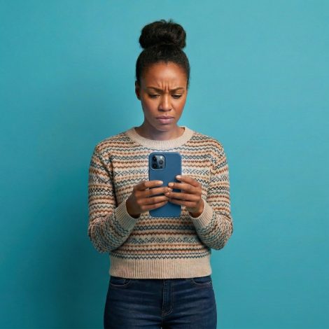 An image of a young woman with her dark hair in a bun against a bright blue background. She is wearing a patterned beige sweater and blue jeans. She has a concerned and confused expression on her face as she looks down at a large smartphone she is holding with both hands.