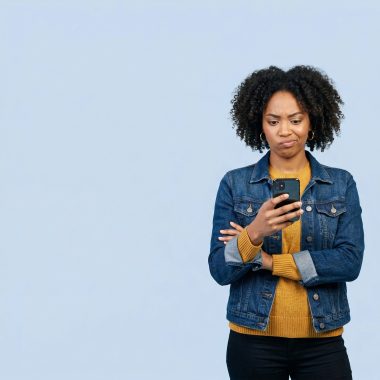 A woman in a denim jacket looking at her smartphone with a skeptical expression, illustrating a business owner questioning if a Facebook page is sufficient for their brand.