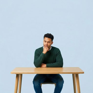A thoughtful male entrepreneur sitting at a wooden desk against a blue background, contemplating business management and digital presence.