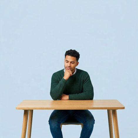 A thoughtful male entrepreneur sitting at a wooden desk against a blue background, contemplating business management and digital presence.