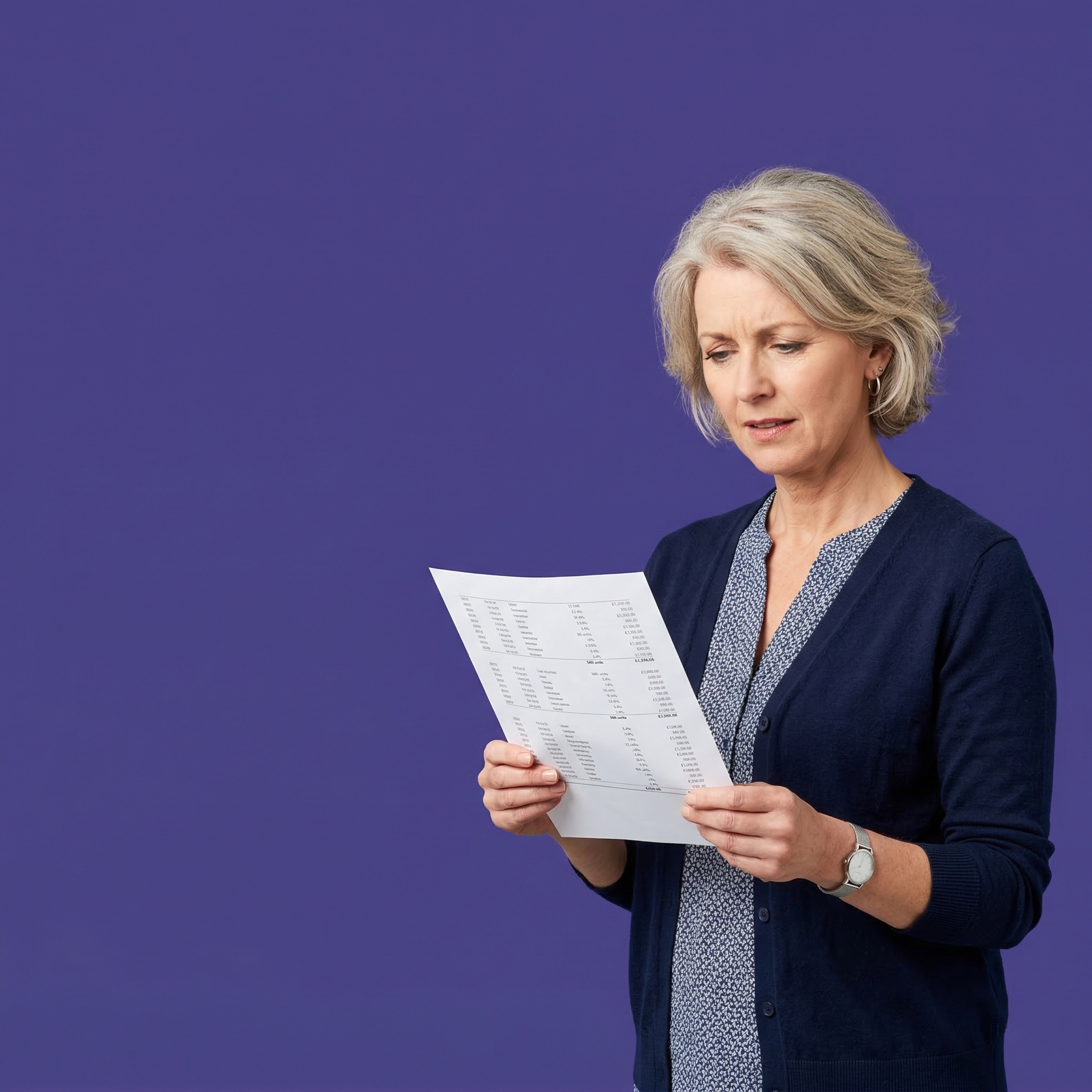 A middle-aged woman with short blonde hair and a concerned expression looking at a document against a solid purple background.