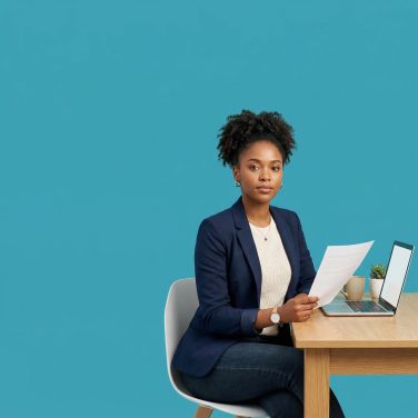 A professional woman in a navy blazer sitting at a wooden desk, holding a document and looking at the camera with a laptop and coffee mug in a minimalist office setting.