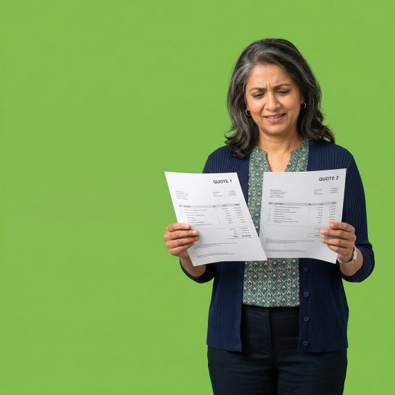 A business owner looking concerned and confused while comparing two paper quotes labeled "Quote 1" and "Quote 2" against a solid green background, illustrating the complexity of small business website pricing.