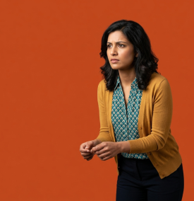 A woman with dark wavy hair looking concerned and leaning forward against a solid orange background, wearing a yellow cardigan over a patterned shirt.
