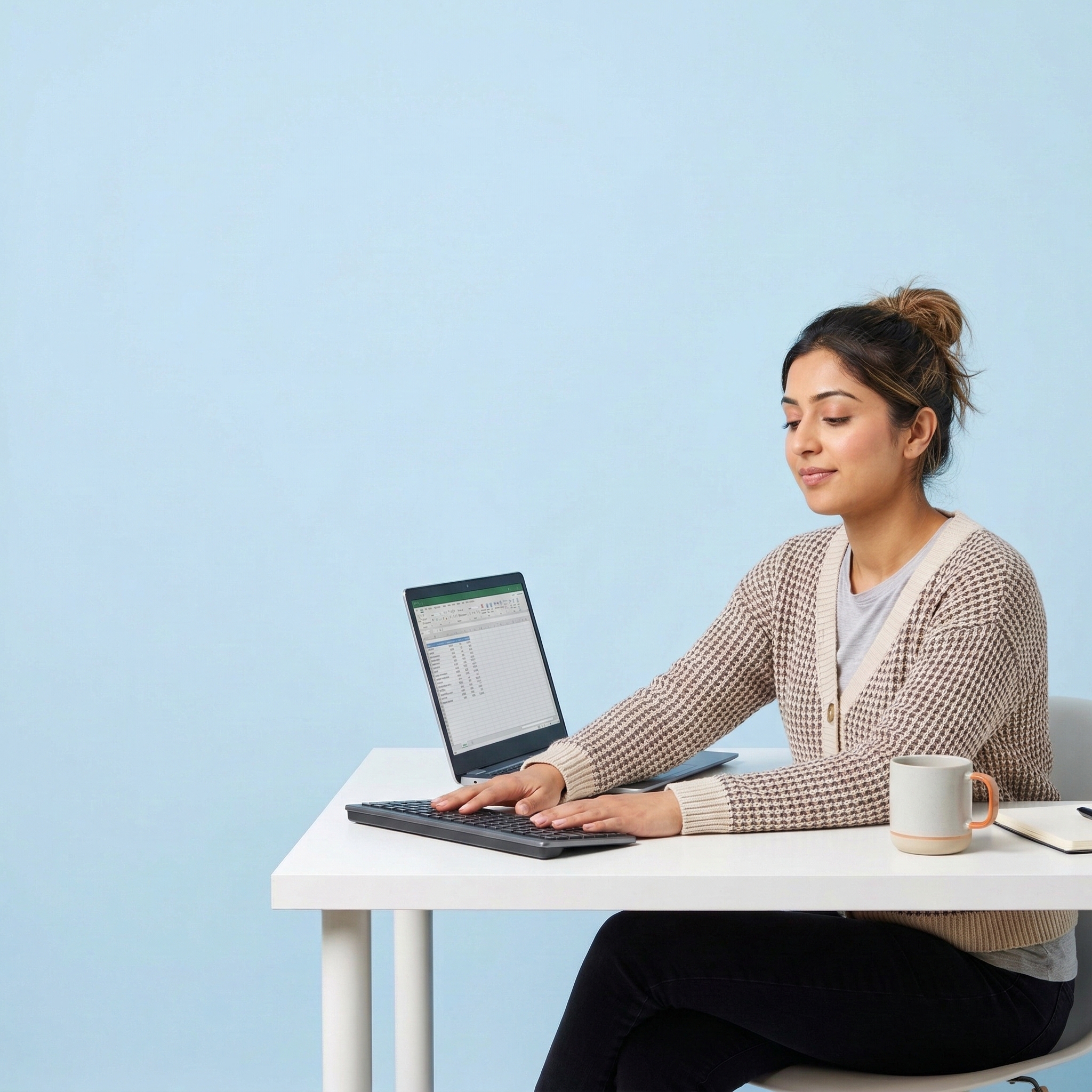 A woman with her hair in a bun sits at a white desk against a light blue background. She is wearing a beige ribbed cardigan over a grey t-shirt and is typing on a black wireless keyboard. A laptop displaying a spreadsheet, a ceramic mug, and a notebook are on the desk in front of her.
