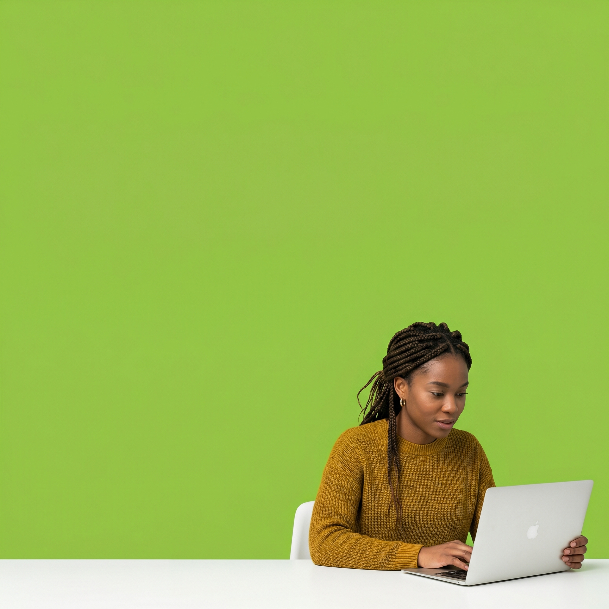 Small business owner at a desk looking at a laptop screen, focused expression, plain background.