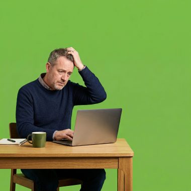 Small business owner at desk looking puzzled at a laptop screen, casual modern clothing.