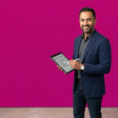 Small business owner reviewing a compliance checklist on a tablet in a bright studio setting.