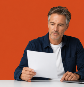 UK limited company director holding a single printed page above a clean desk with a laptop, calm focused expression.