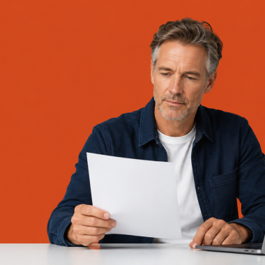 UK limited company director holding a single printed page above a clean desk with a laptop, calm focused expression.