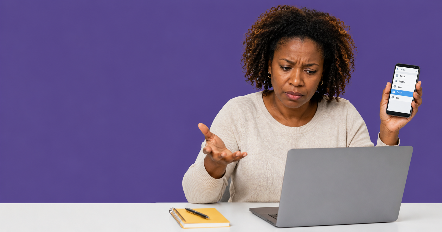 UK small business owner with a phone showing a Spam folder beside a laptop, working out why business emails are not landing in the inbox.