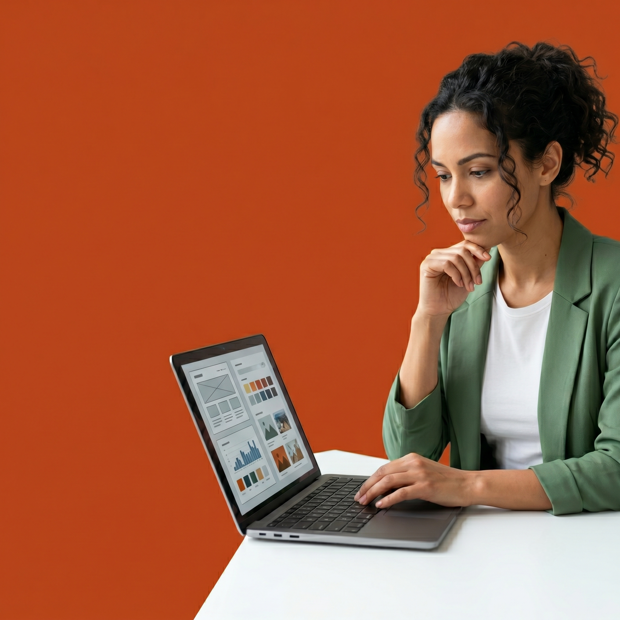 UK small business owner at a desk comparing email options on a laptop, looking thoughtful.