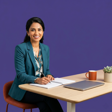 A smiling South Asian woman in a teal blazer sits at a modern wooden desk, poised to write in a notebook and making eye contact against a solid purple background.