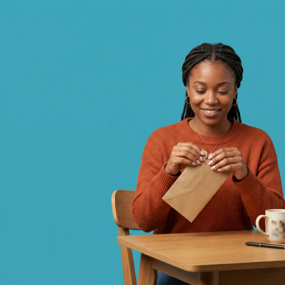 UK small business owner opening a slim brown envelope at a plain desk with a mildly pleased expression.