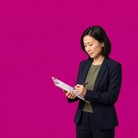 UK small business owner ticking items off a printed checklist on a clipboard with a focused expression.