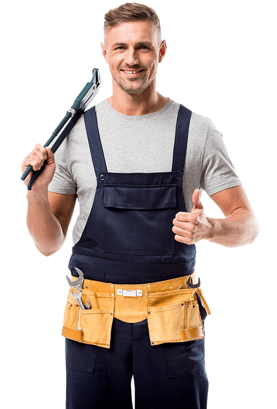 A plumber smiling holding his thumb up