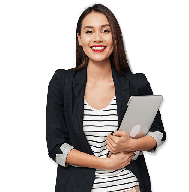 Woman holding a laptop smiling