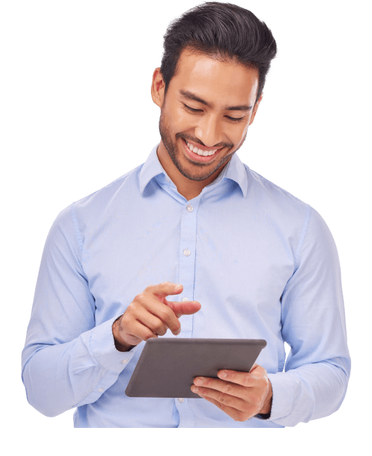 man smiling on a tablet