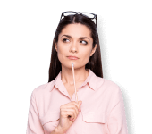 A woman thinking with a pencil touching her chin