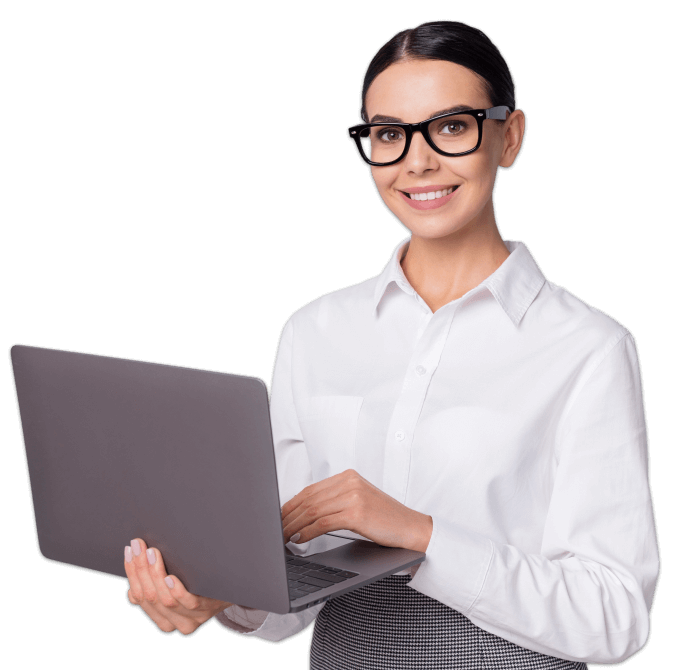 smiling woman stands with open laptop