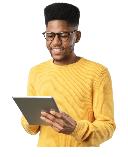 man is looking in tablet