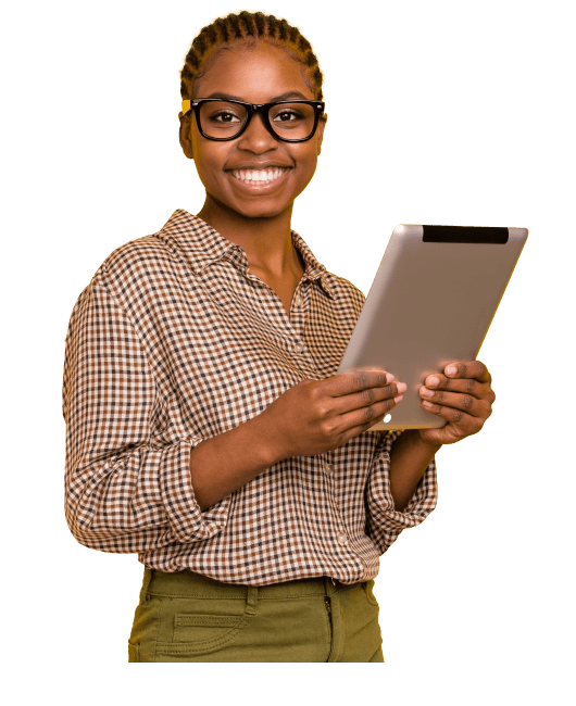 Woman stands with a tablet in her hands
