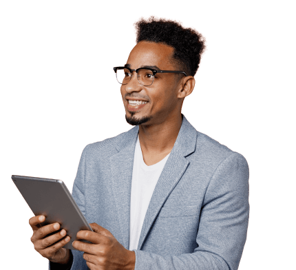 man smiling holding a tablet