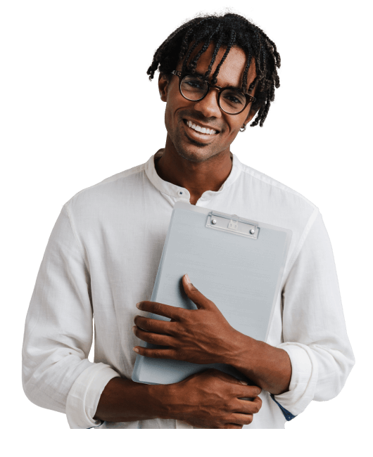 man smiling holding a clipboard