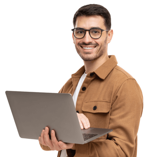 Man in brown jacket working on a laptop