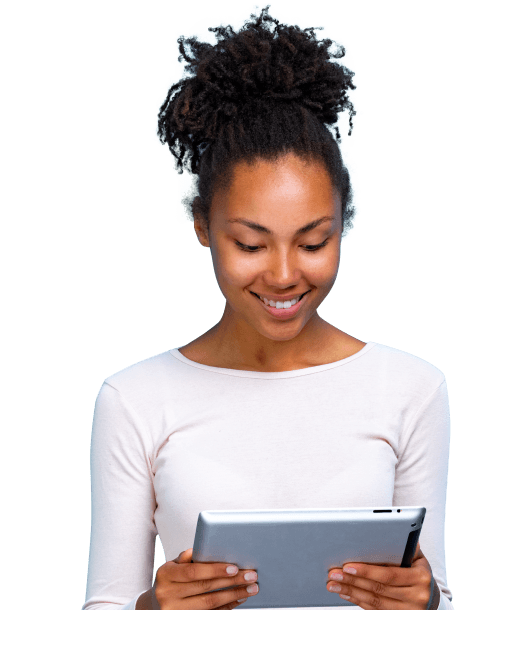 Woman smiling at a tablet