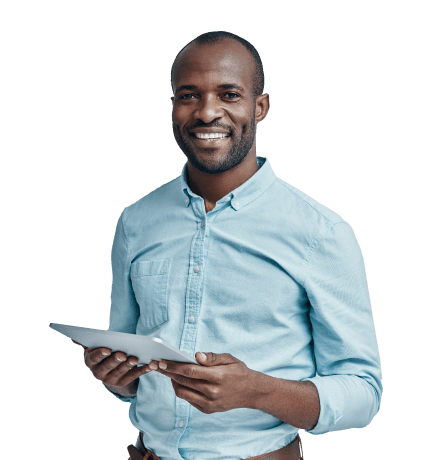 man smiling holding a tablet