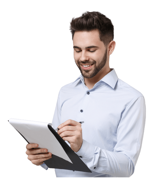 smiling man writing on the paper list