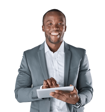 man smiling holding a tablet