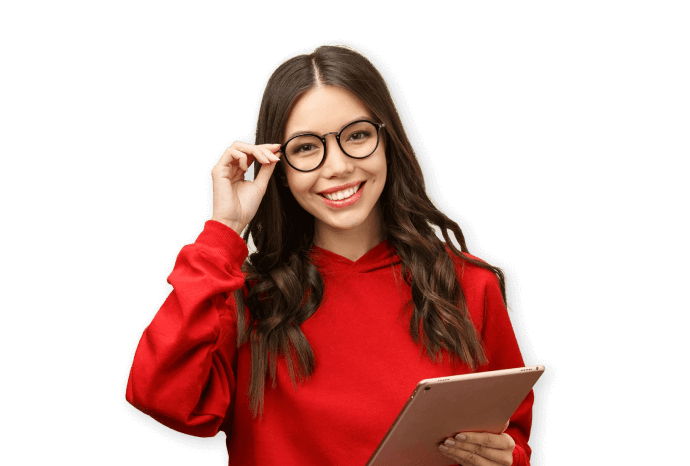 woman smiling with a tablet