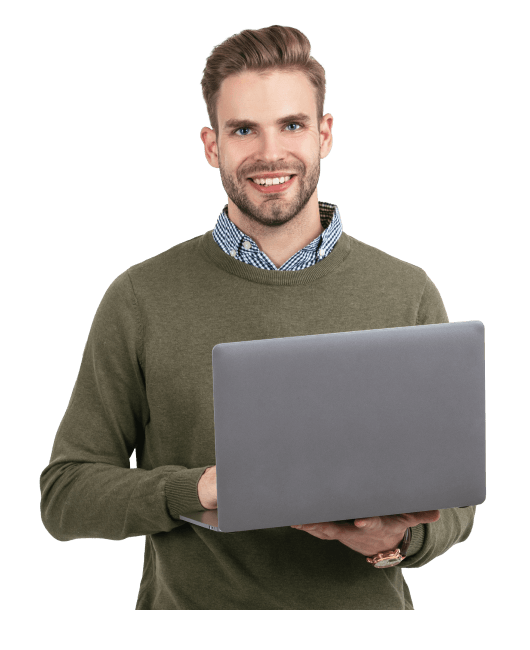 man smiling holding a laptop